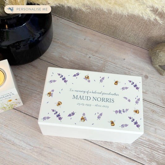 Luxury solid wooden white painted Urn with Busy Bees with lavender. watercolour illustration, our urns and Caskets for displaying or burying ashes. Customisable and can be personalised. Perfect funeral memory keepsake urn, for storing ashes for humans and pets. 