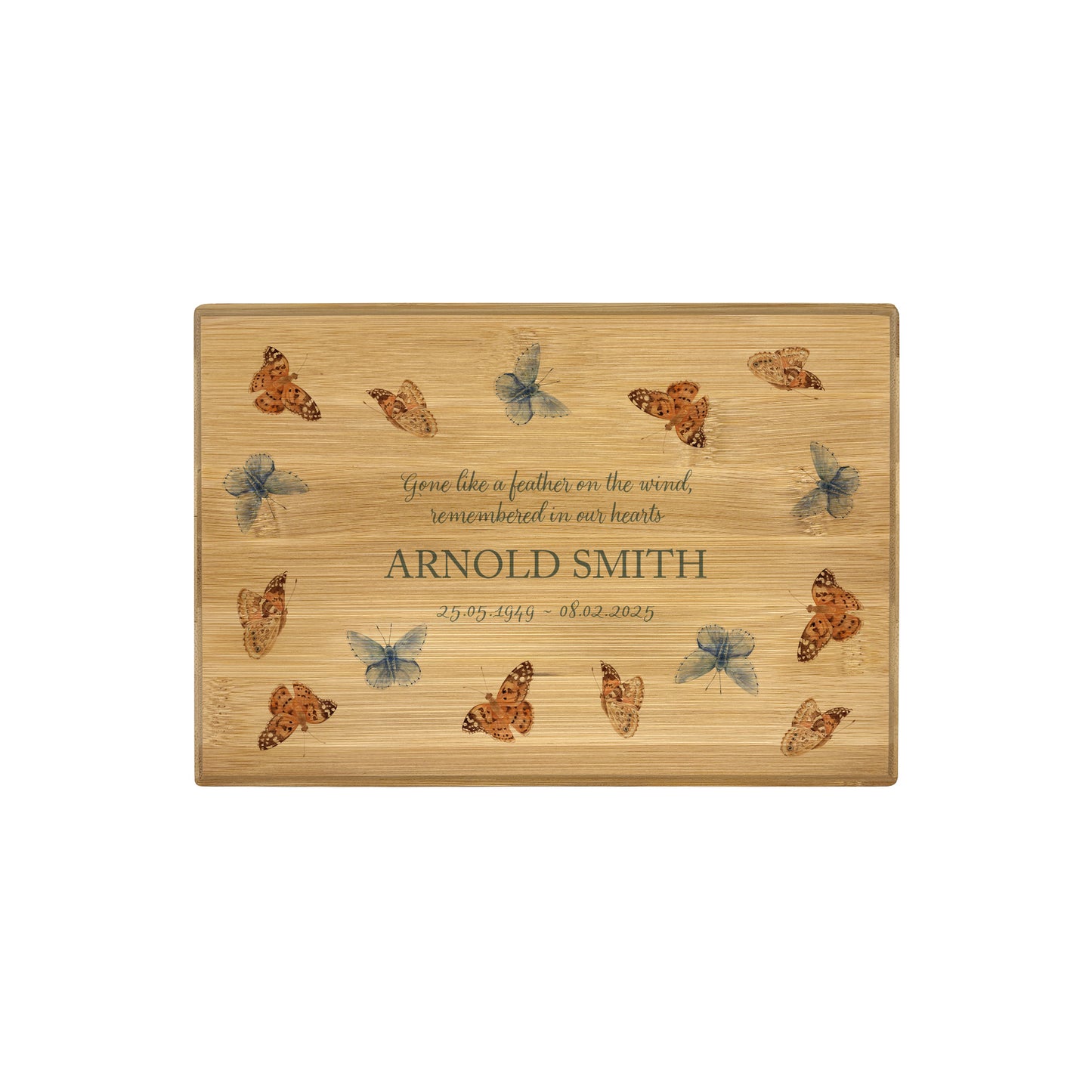 A beautifully crafted solid Bamboo wooden urn, personalised and finished with a soft watercolour design of flying Butterflies, Thoughtfully made for either display or burial, this personalised urn can be customised to create a meaningful memorial. Perfect for holding ashes of a loved one or a beloved pet, it serves as a comforting tribute and keepsake. 