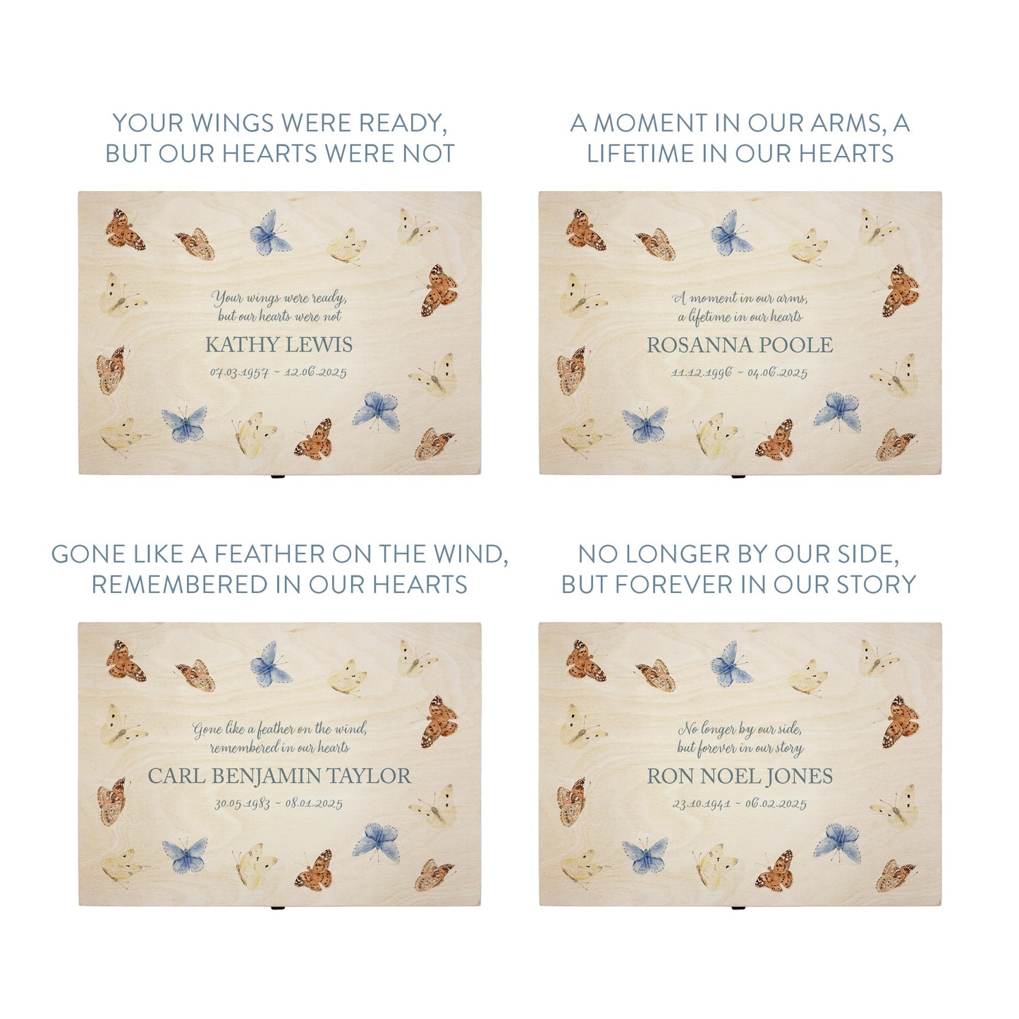 Wooden box with a decorative lid featuring illustrations of Flying Butterflies Perfect funeral memory keepsake box, for storing ashes, order of service, flowers. capturing your loved ones favourite hobby