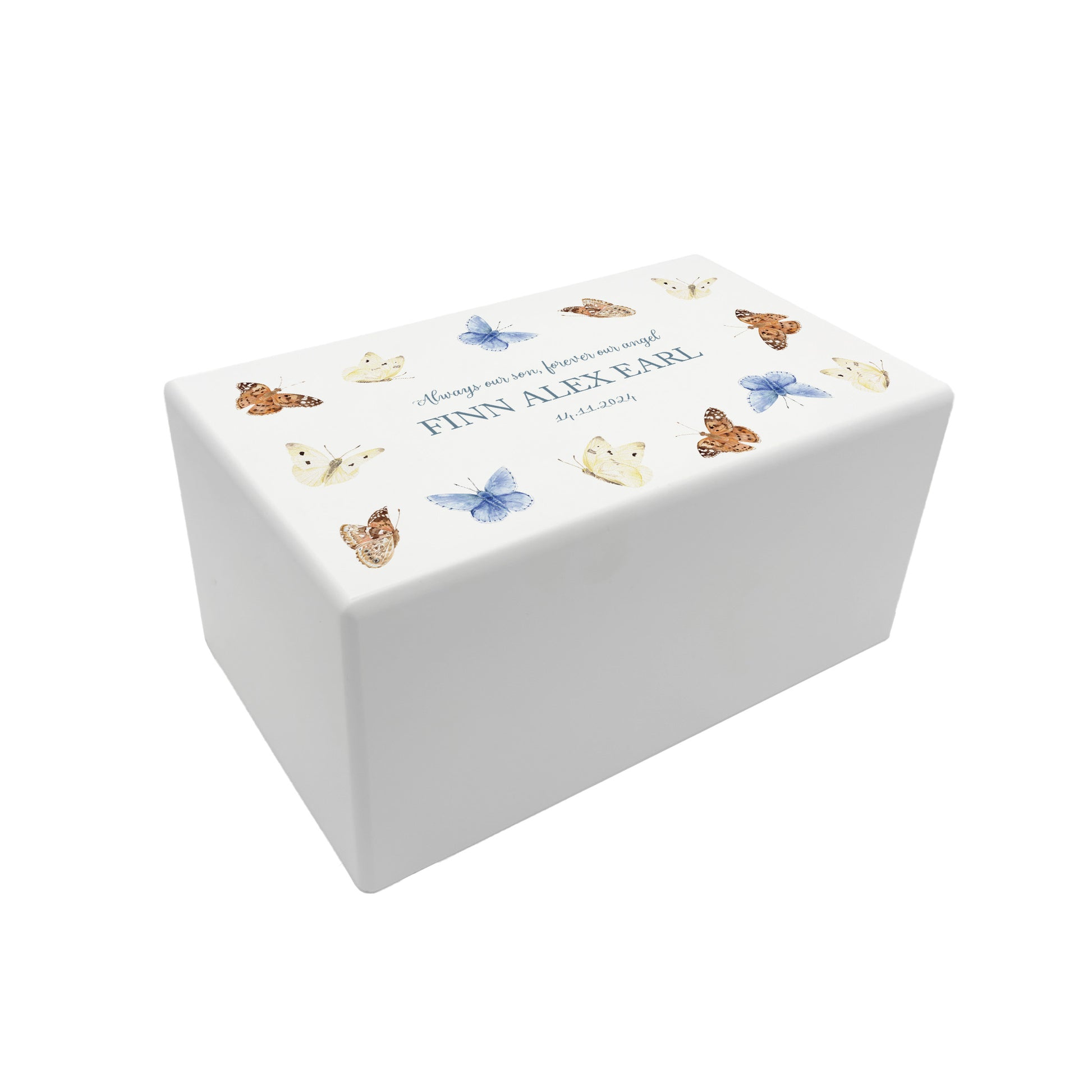 Luxury solid wooden white painted Urn with Butterflies watercolour illustration, our urns and Caskets for displaying or burying ashes. Customisable and can be personalised. Perfect funeral memory keepsake urn, for storing ashes for humans and pets. 