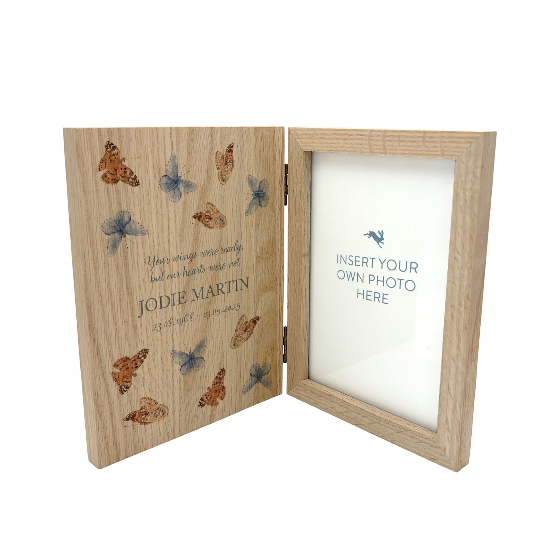 Memorial Solid Oak Photo Frame, personalise with your own message or select from our drop down selection. handmade watercolour paintings, this design features flying Butterflies.