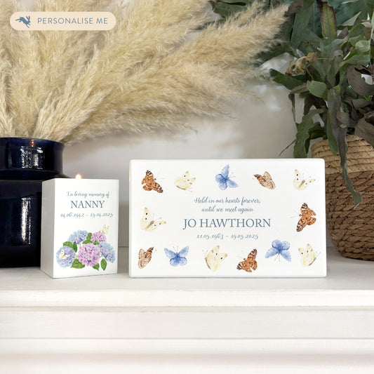 Luxury solid wooden white painted Urn with Butterflies watercolour illustration, our urns and Caskets for displaying or burying ashes. Customisable and can be personalised. Perfect funeral memory keepsake urn, for storing ashes for humans and pets. 
