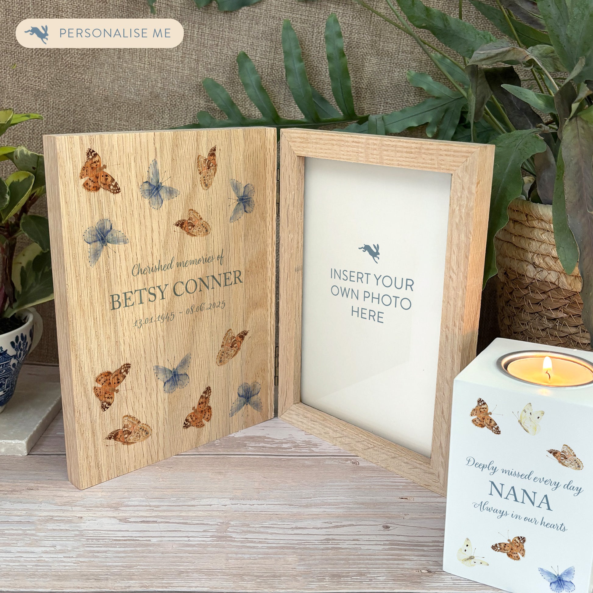 Memorial Solid Oak Photo Frame, personalise with your own message or select from our drop down selection. handmade watercolour paintings, this design features flying Butterflies.