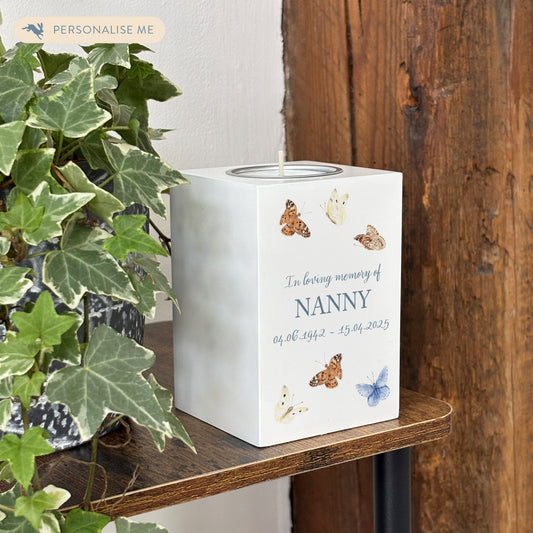 wooden cuboid luxury tealight holder with gorgeous personalised options . Each product is lovingly designed, handmade with our Countryside inspired watercolour designs. This design features Butterflies, a unique designs to remember a loved on, great for memorial occasions 