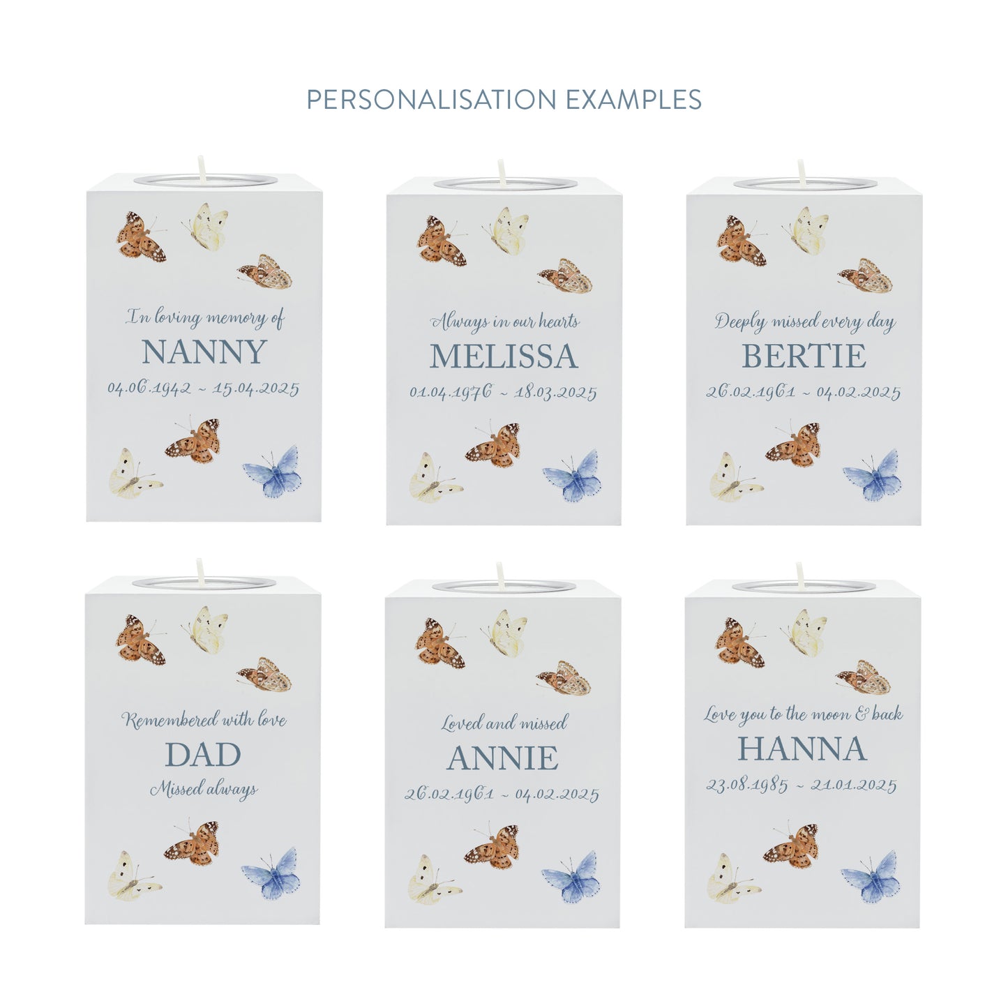 wooden cuboid luxury tealight holder with gorgeous personalised options . Each product is lovingly designed, handmade with our Countryside inspired watercolour designs. This design features Butterflies, a unique designs to remember a loved on, great for memorial occasions 