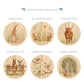 Six circular candle lid designs arranged in two rows on a white background, with the heading 'CHOOSE YOUR CANDLE LID' above. The designs show woodland scenes: a hare, blooming bunnies, a Highland cow, donkey line-up, garden gathering with birds, and a hidden garden with a rabbit.