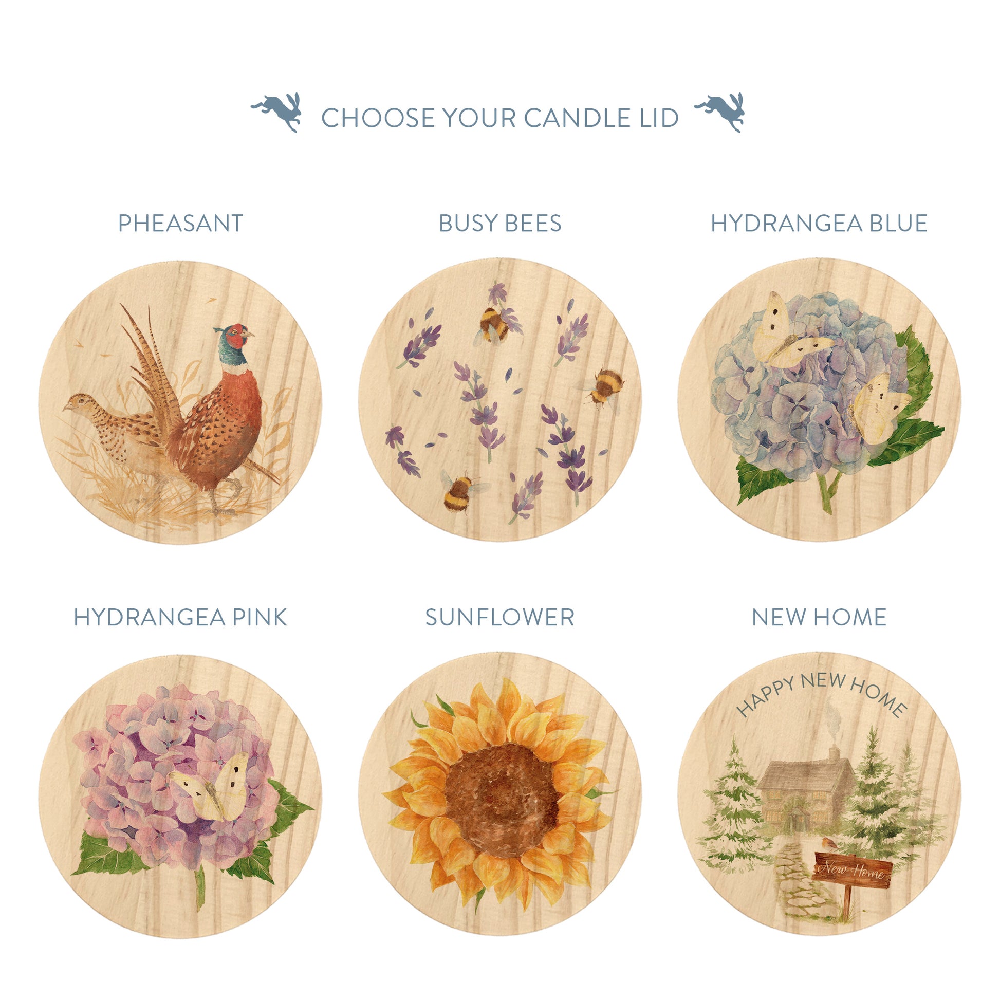 Six circular candle lids with watercolor-style nature illustrations are shown on a white background under the heading 'CHOOSE YOUR CANDLE LID'. Designs include Pheasant, Busy Bees, Hydrangea Blue, Hydrangea Pink, Sunflower, and New Home.