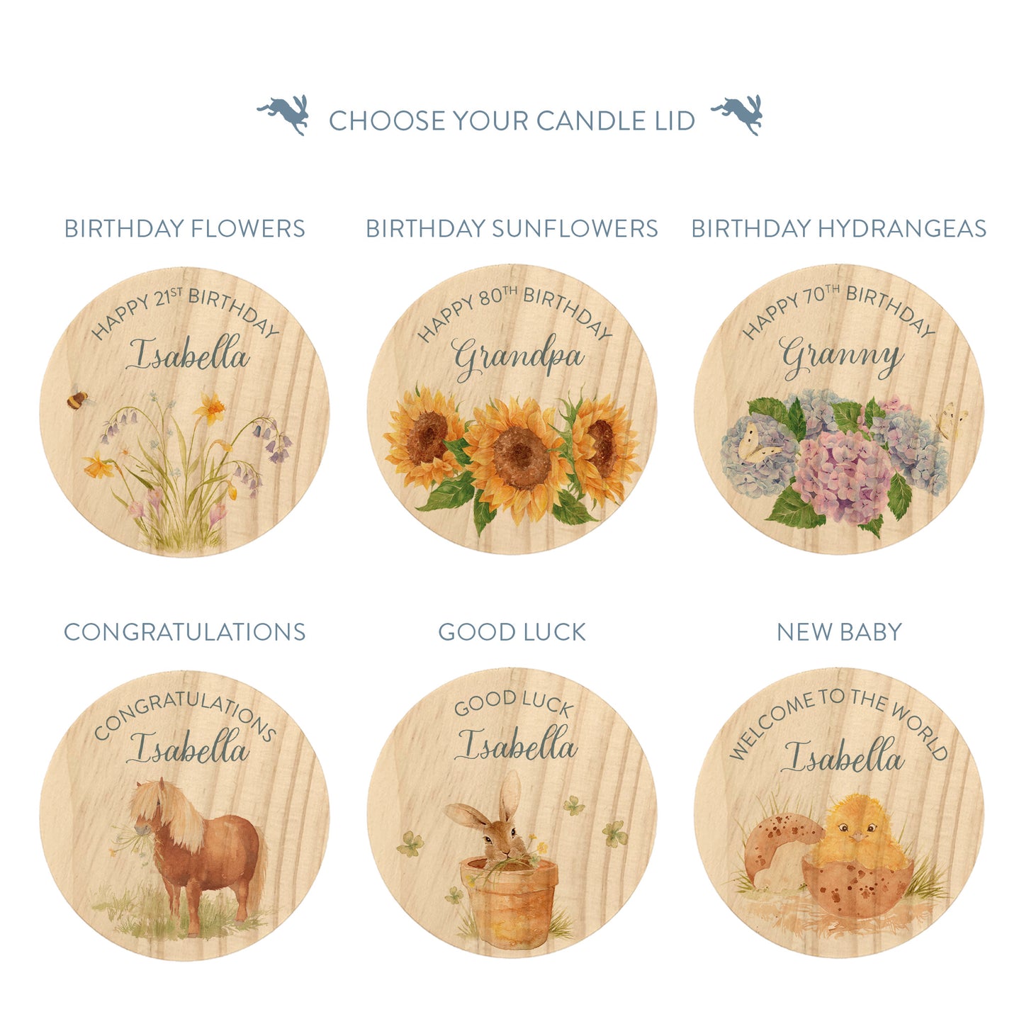 Six personalized round wooden candle lids are displayed on a white background, each with a different watercolor floral or animal design and text such as birthday greetings, congratulations, good luck, and welcome to the world.