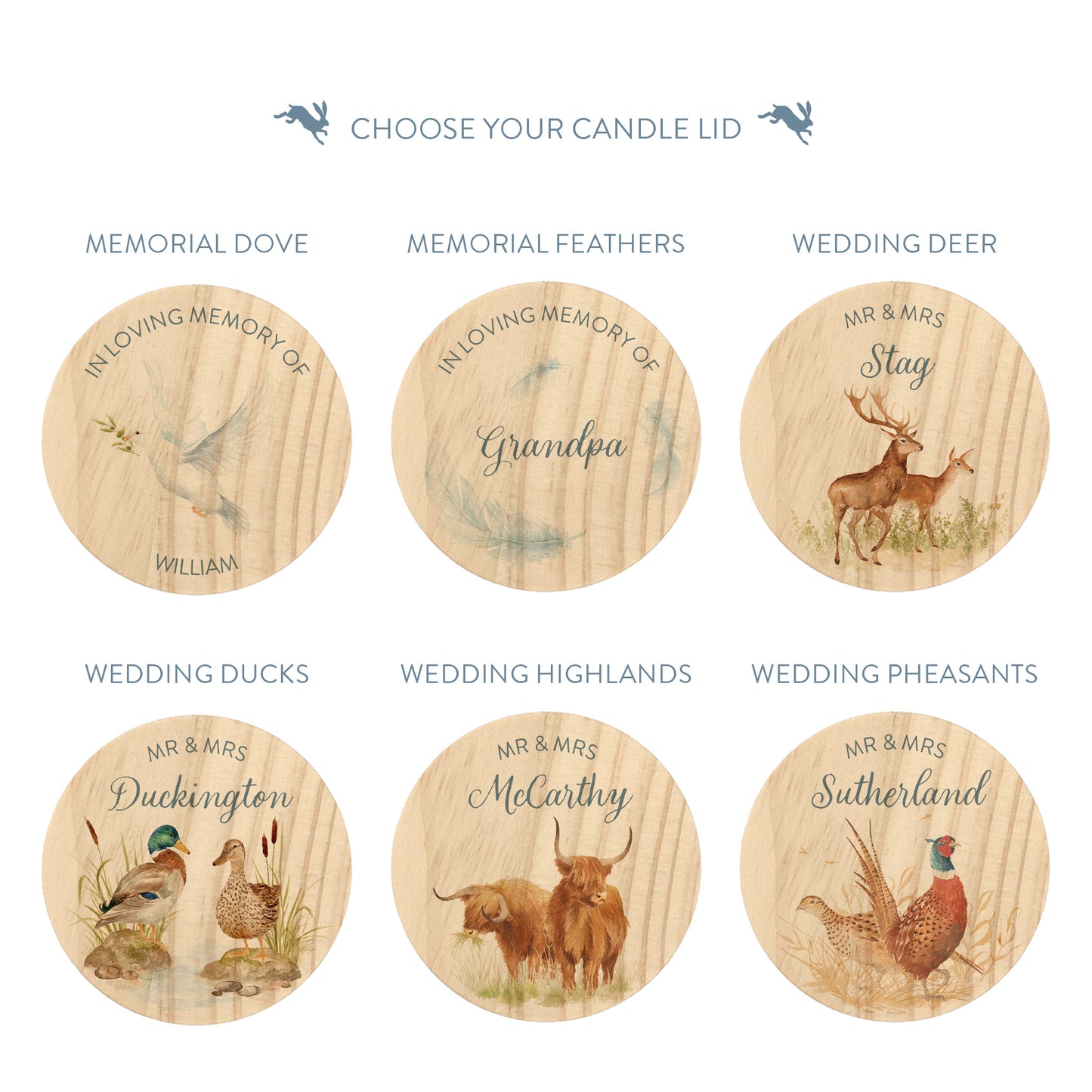 Six round wooden candle lid designs arranged in two rows on a white background, each with a different nature-themed illustration and text such as Memorial Dove, Wedding Deer, Wedding Ducks, and Wedding Pheasants. Above the products, the heading reads 'CHOOSE YOUR CANDLE LID'.