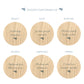 Six round wooden candle lids arranged on a white background, each with a different nature quote and small hare illustration. Headline text at the top reads 'CHOOSE YOUR CANDLE LID'.