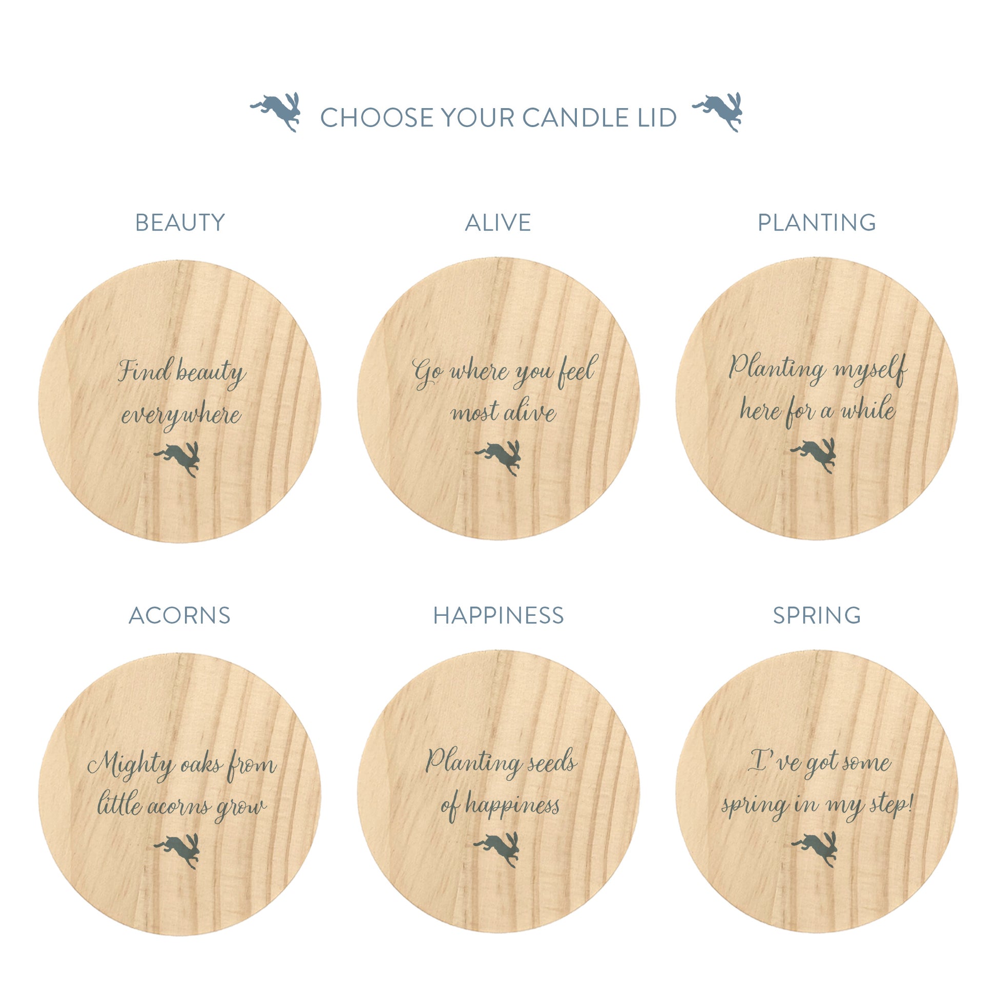 Six round wooden candle lids arranged on a white background, each with a different nature quote and small hare illustration. Headline text at the top reads 'CHOOSE YOUR CANDLE LID'.