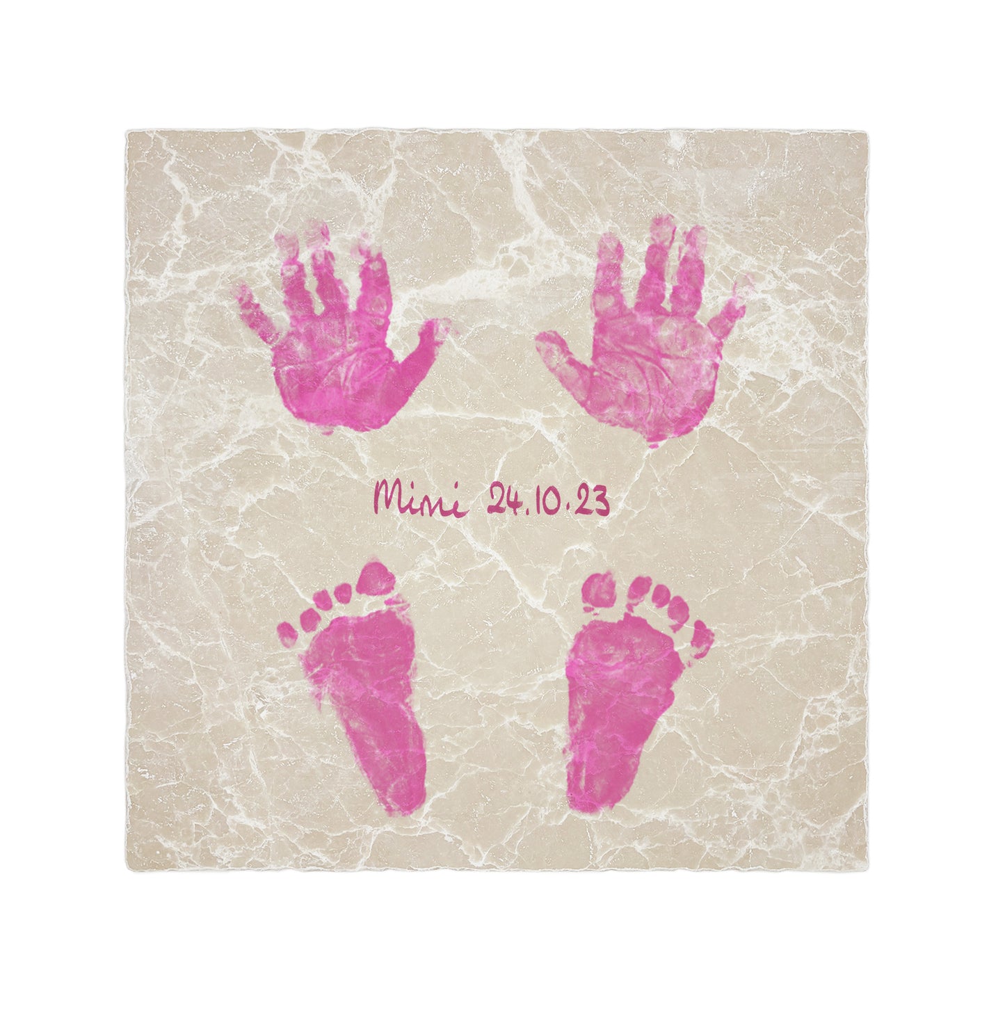 A personalised large marble picture tile featuring newborn baby hand and footprints, name and birthdate. Create the perfect keepsake for new parents and a meaningful gift for grandparents.