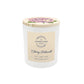 A white glass jar candle with a light wood lid decorated with pink hydrangea flowers, featuring a cream label for 'The Humble Hare & Friends' Cherry Bakewell sweet and fruity scent.