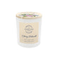 A white glass jar candle with a light wood lid decorated with watercolour illustrations and personalised text.