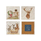 A set of 4 square marble coasters featuring different mix and match Christmas designs, one coaster is flipped to show that they are backed with cork to protect work surfaces.