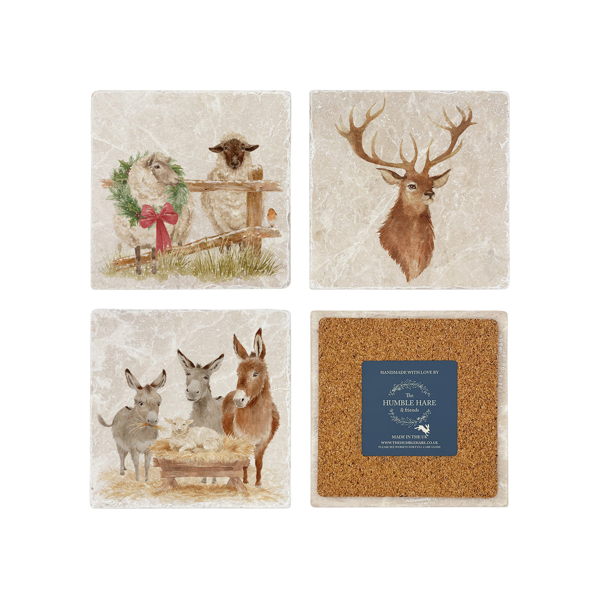A set of 4 square marble coasters featuring different mix and match Christmas designs, one coaster is flipped to show that they are backed with cork to protect work surfaces.