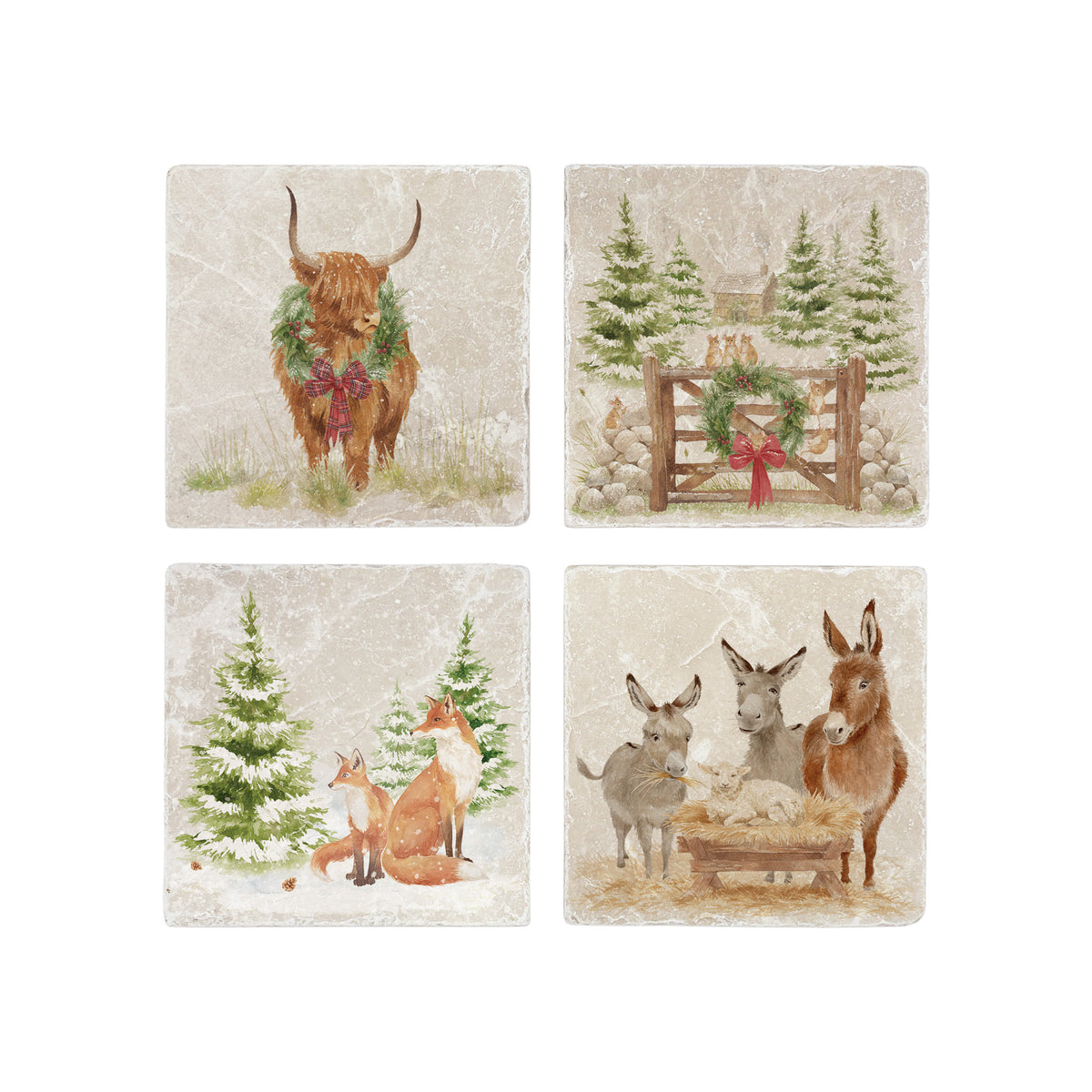 A set of 4 mix and match square marble coasters featuring four different Christmas designs, including a highland cow wearing a wreath, a winter forest scene with mice, foxes in snow, and a donkey nativity scene.