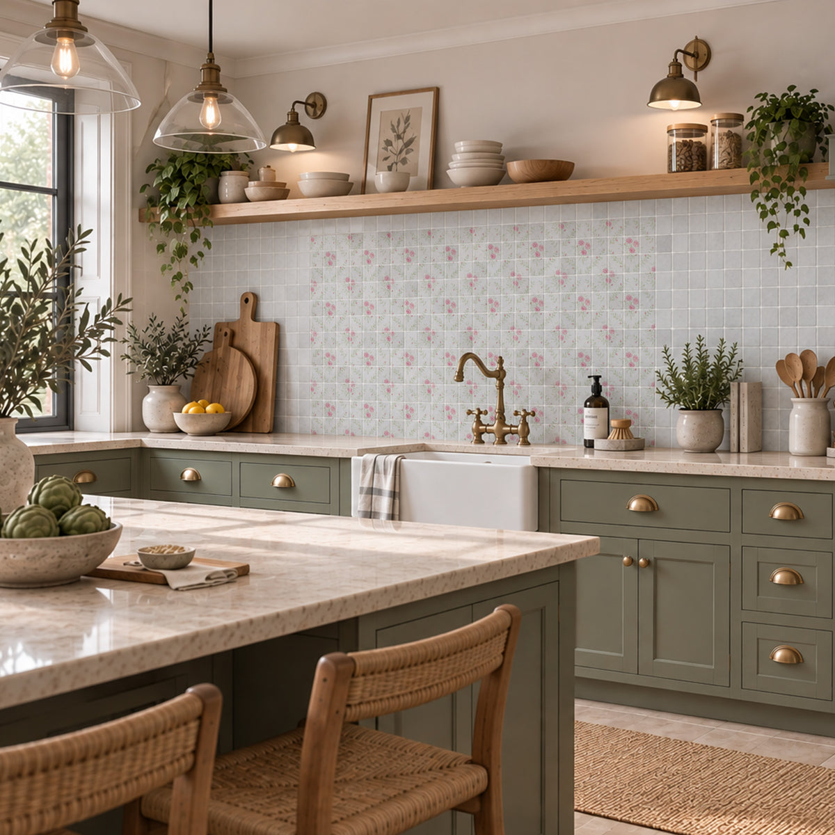 Decorative marble kitchen splashback inspired by the British countryside- Inspired by the roses around the farm 