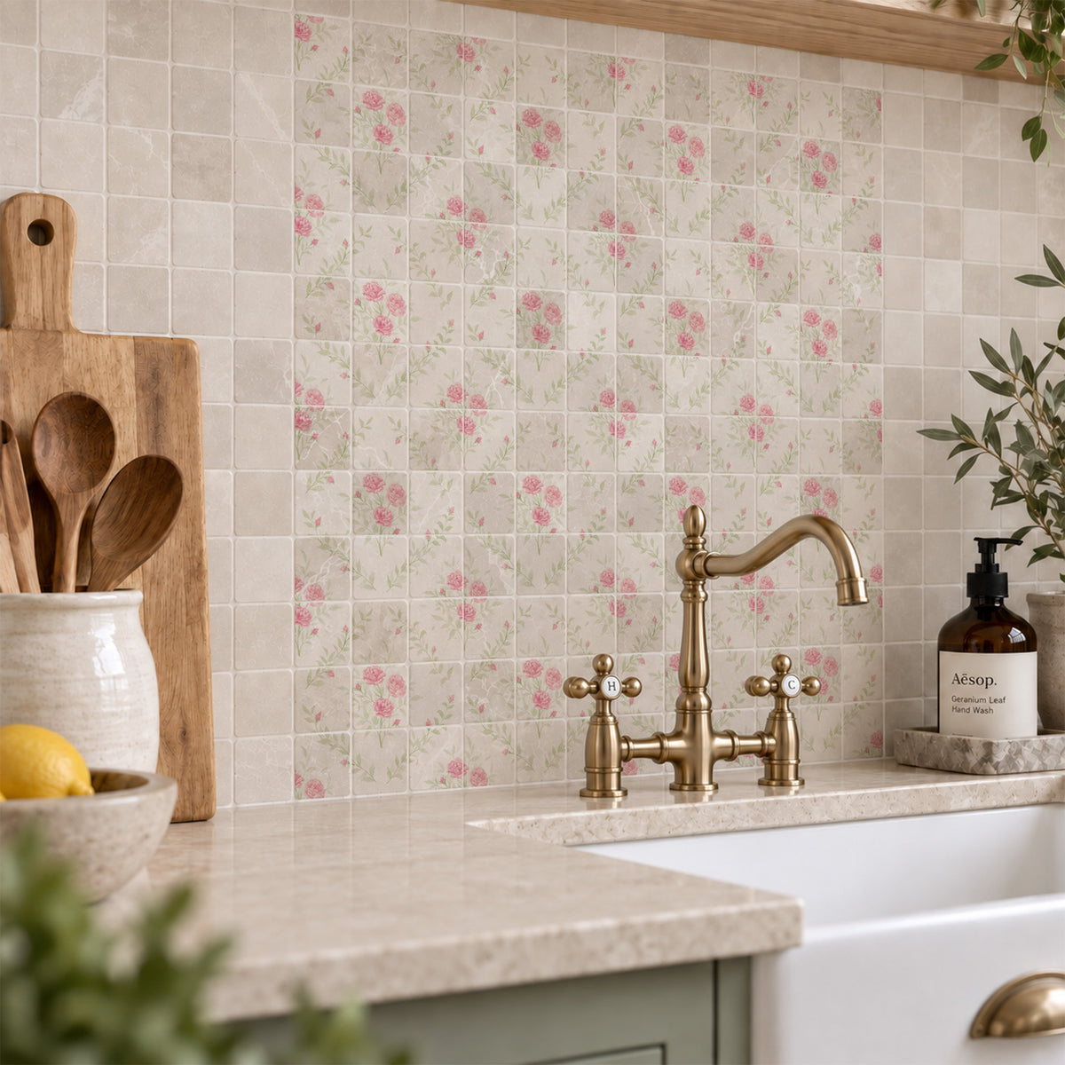 Decorative marble kitchen splashback inspired by the British countryside- Inspired by the roses around the farm 