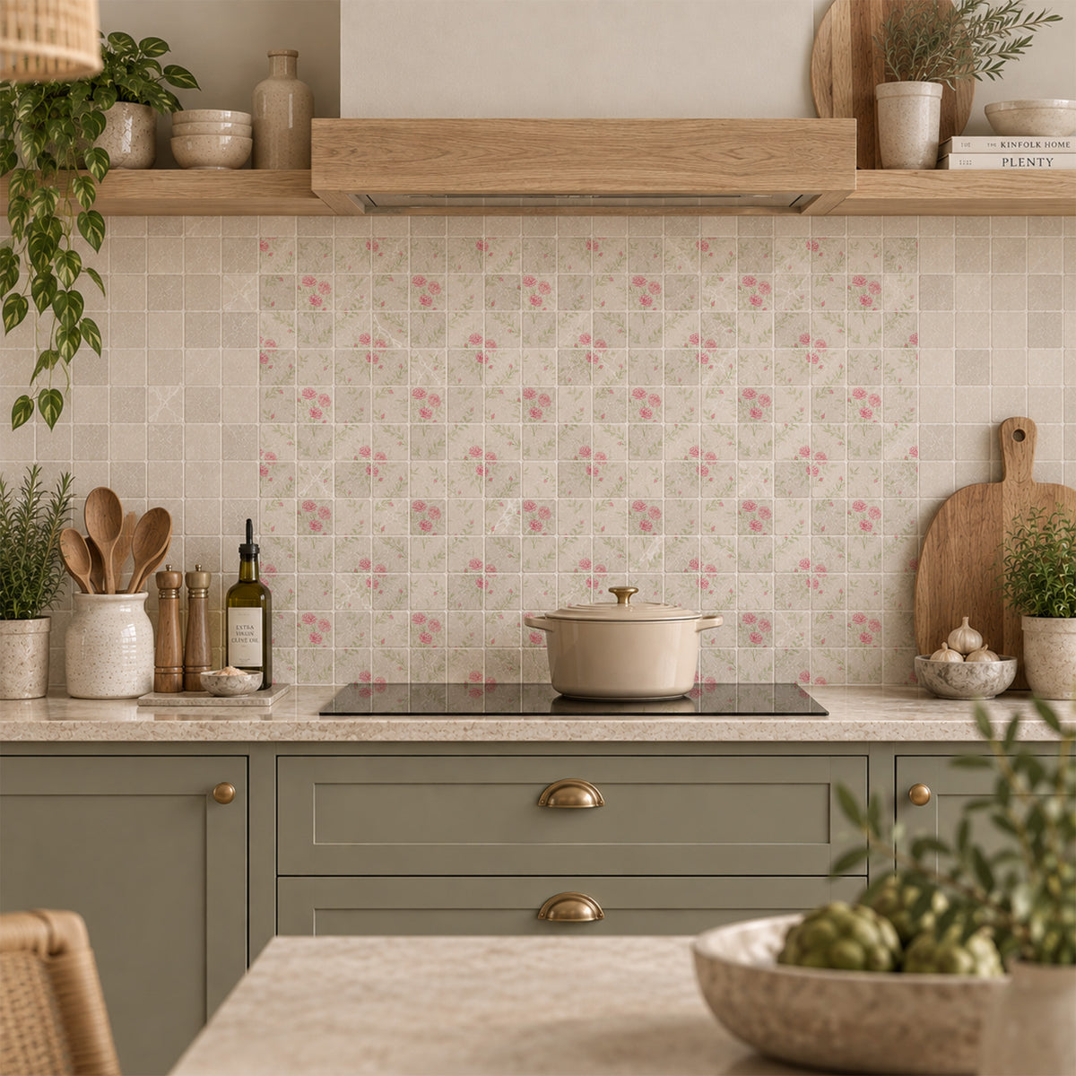 Decorative marble kitchen splashback inspired by the British countryside- Inspired by the roses around the farm 