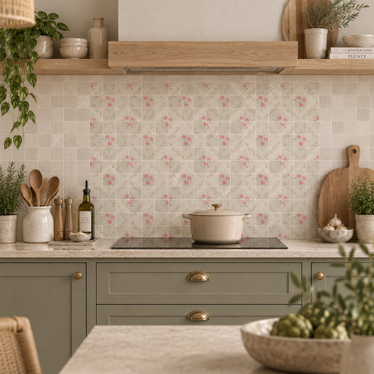 Decorative marble kitchen splashback inspired by the British countryside- Inspired by the roses around the farm 
