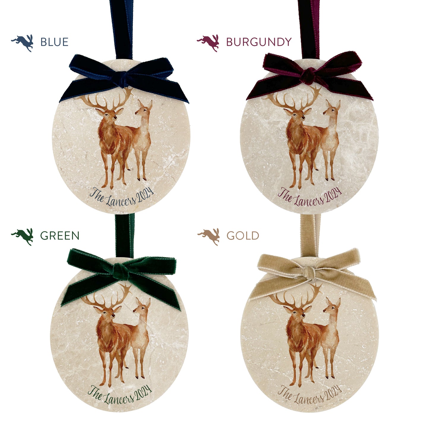 Four personalised oval shaped marble baubles showing a selection of velvet ribbon colour options. Choose from navy blue, burgundy red, forest green and champagne gold.