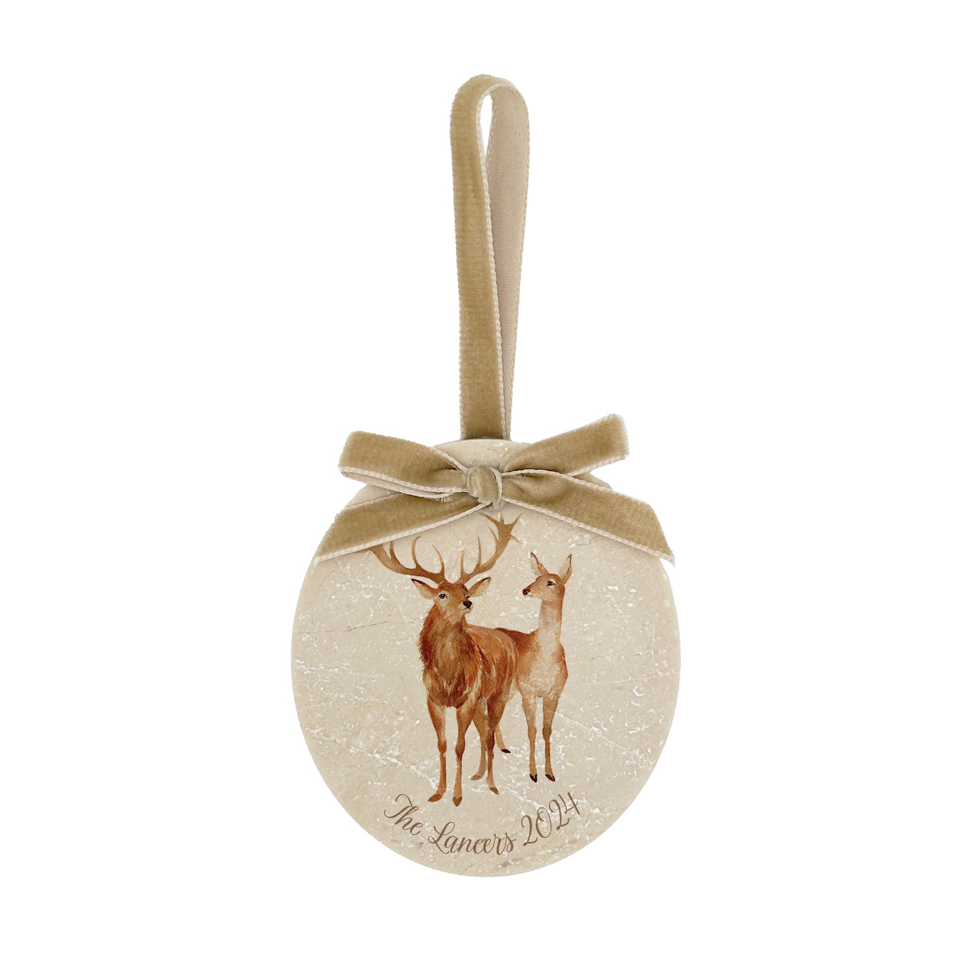 Transform your Christmas tree with our unique oval-shaped marble baubles, showcasing stunning watercolour artwork of a stag and doe couple. Personalise each bauble to make it truly your own, and choose from a variety of velvet ribbon colours to suit your holiday décor.