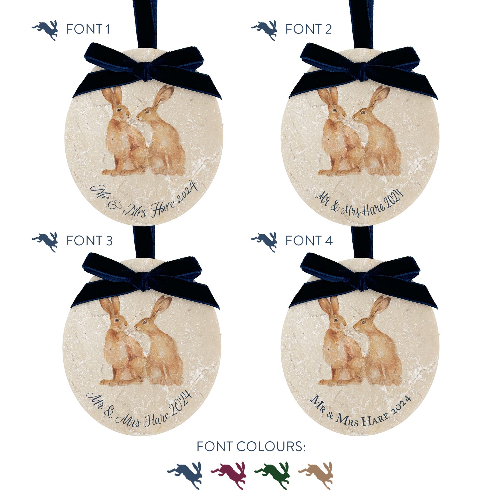 Four personalised oval shaped marble baubles showing a selection of font options. Choose from four beautiful fonts to create a custom Christmas decoration unique to you!