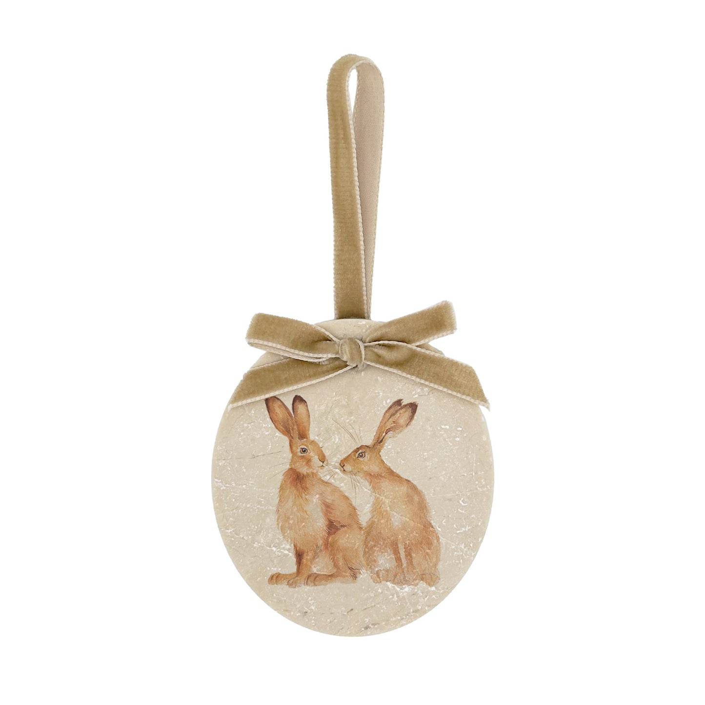 Add a touch of nature to your Christmas tree with our handcrafted oval-shaped marble baubles. Featuring to hares and finished with a velvet ribbon, they come with or without Christmas hats and can be personalised for an extra special, customised decoration.