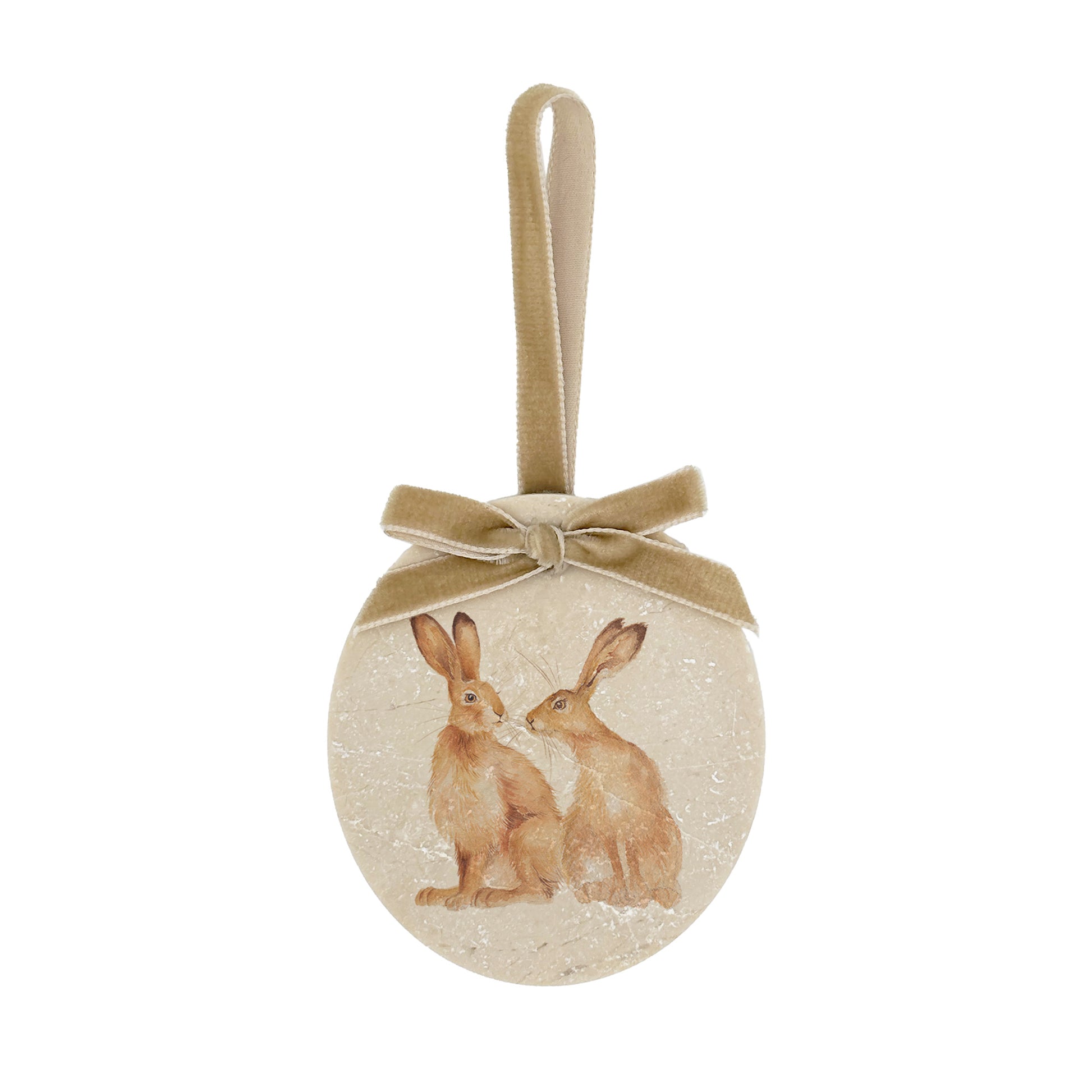 Add a touch of nature to your Christmas tree with our handcrafted oval-shaped marble baubles. Featuring to hares and finished with a velvet ribbon, they come with or without Christmas hats and can be personalised for an extra special, customised decoration.