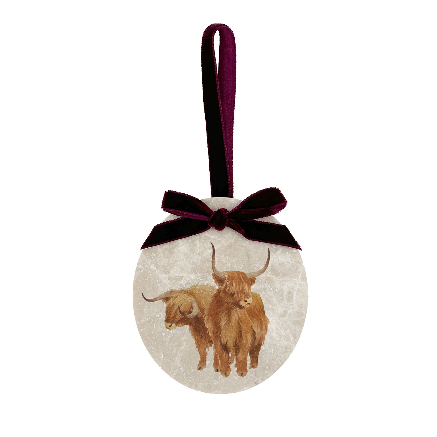 An oval marble bauble featuring a watercolour Highland Cow couple, with the option to add personalised text to celebrate the couple's first Christmas. The bauble is finished with a velvet ribbon.