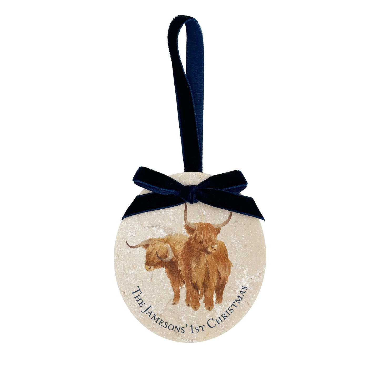 
An oval marble bauble featuring a watercolour highland cow couple, personalised to celebrate the couple’s first Christmas as Mr and Mrs. The bauble is finished with a velvet ribbon.