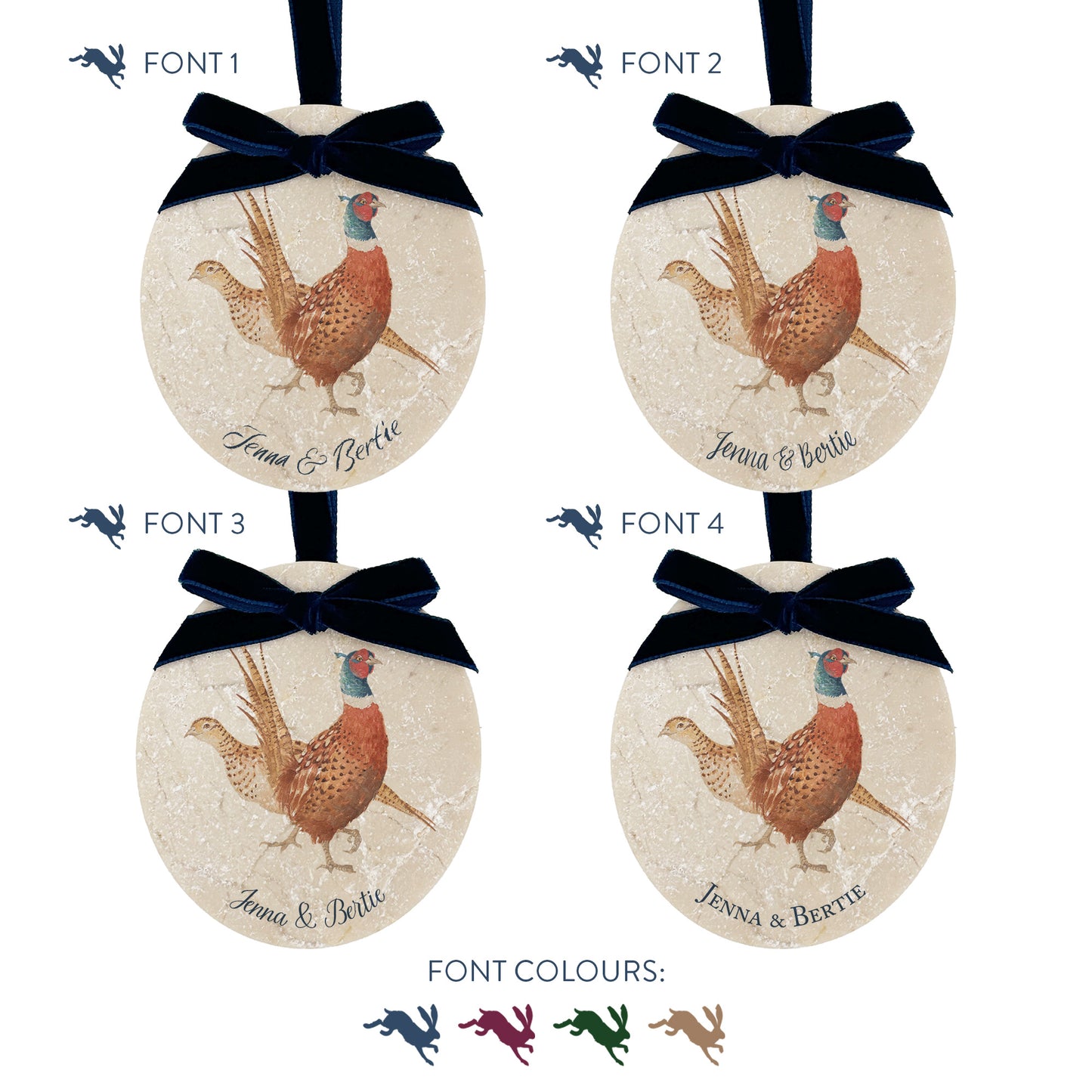 Four personalised oval shaped marble baubles showing a selection of font options. Choose from four beautiful fonts to create a custom Christmas decoration unique to you!