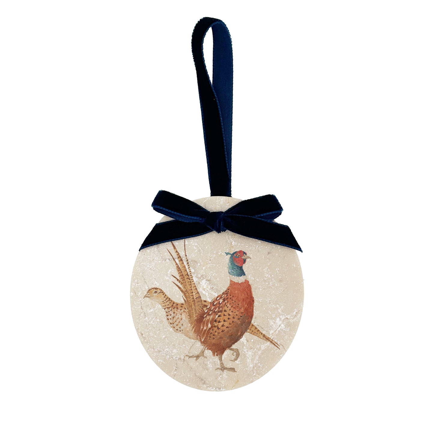 An oval marble bauble featuring a watercolour Pheasant couple, with the option to add personalised text to celebrate the couple's first Christmas. The bauble is finished with a velvet ribbon.