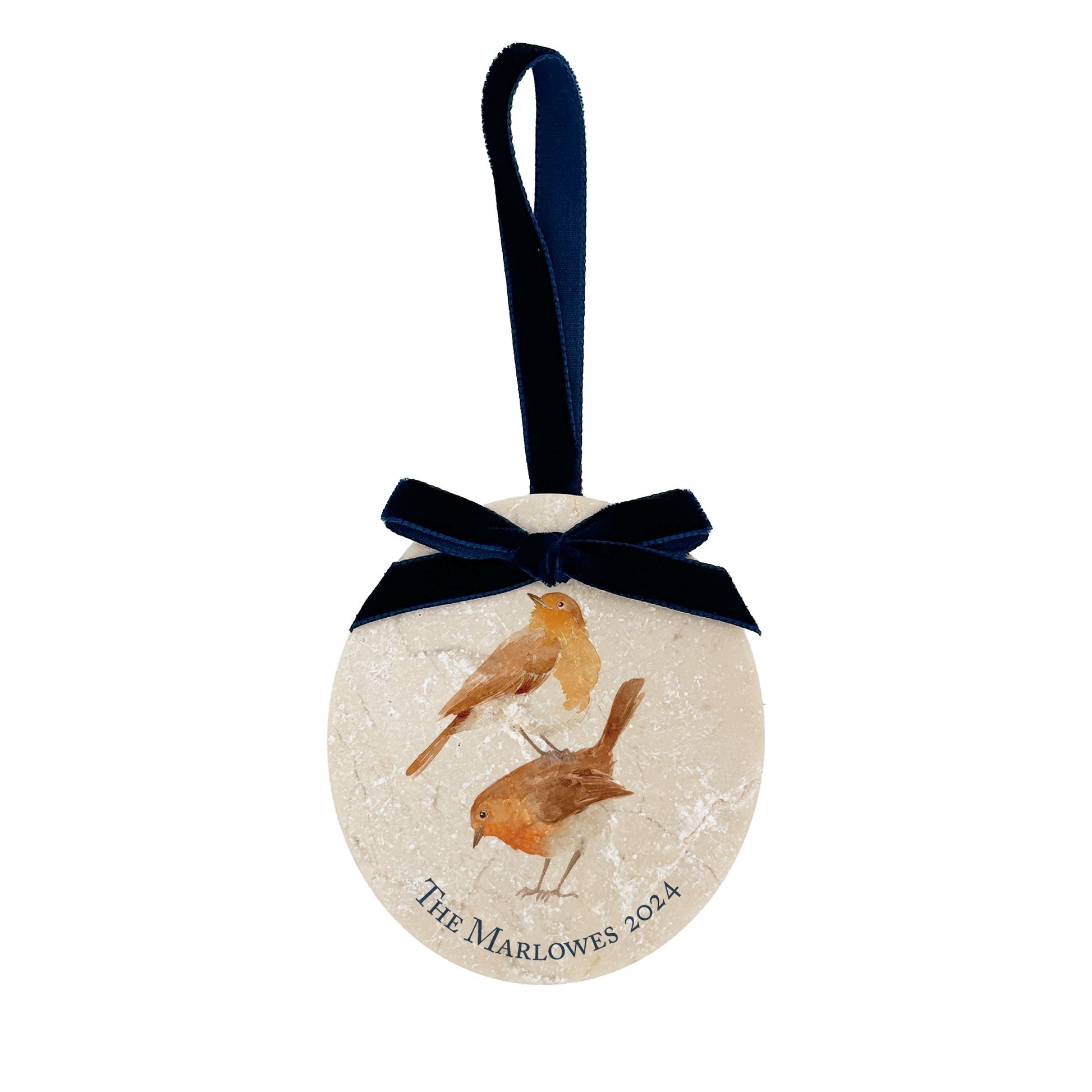 An oval marble bauble featuring a watercolour robin couple, personalised to celebrate the couple’s first Christmas as Mr and Mrs. The bauble is finished with a velvet ribbon.