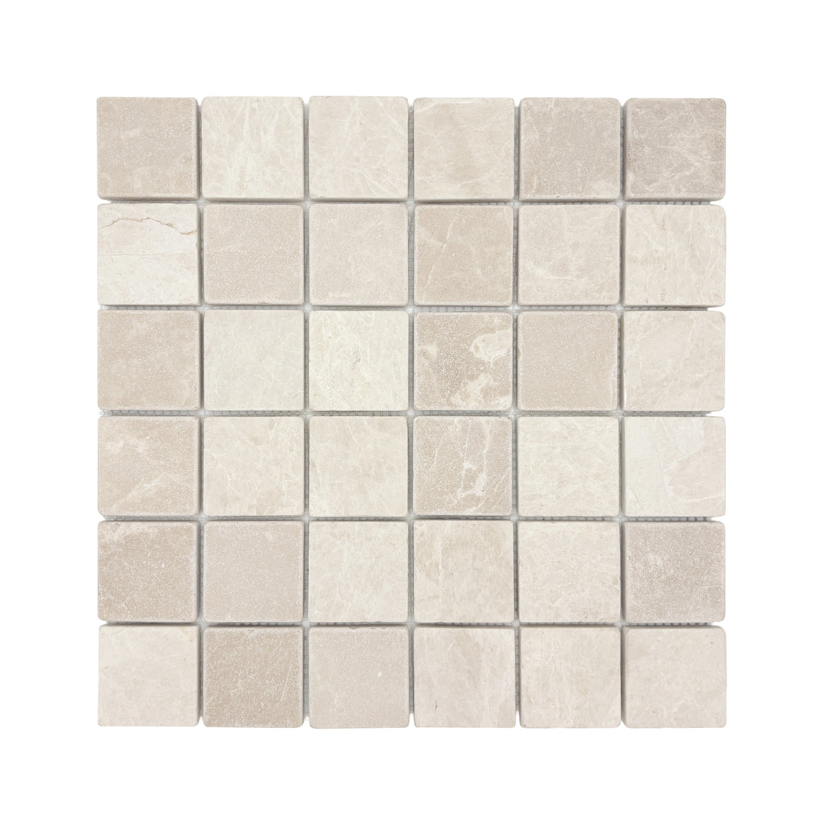 A 30.5x30.5cm sheet of cream marble mosaic tiles. The individual mosaic tiles are 5x5cm. The sheet can be applied directly to create splashbacks and tiled walls, or cut down to create a tiled border or custom arrangement.