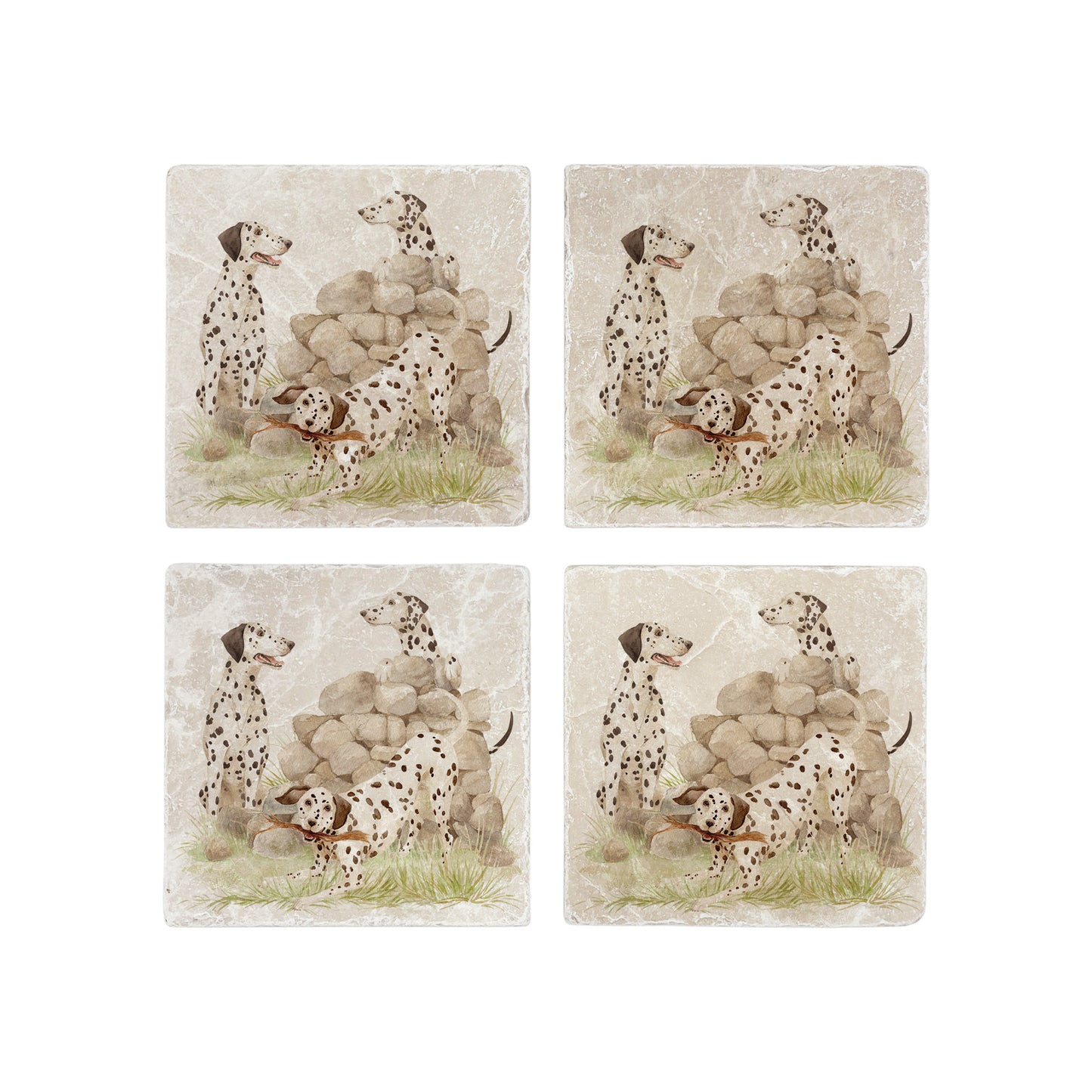 A set of 4 marble coasters with dalmatian dogs playing next to an old stone wall in the countryside.