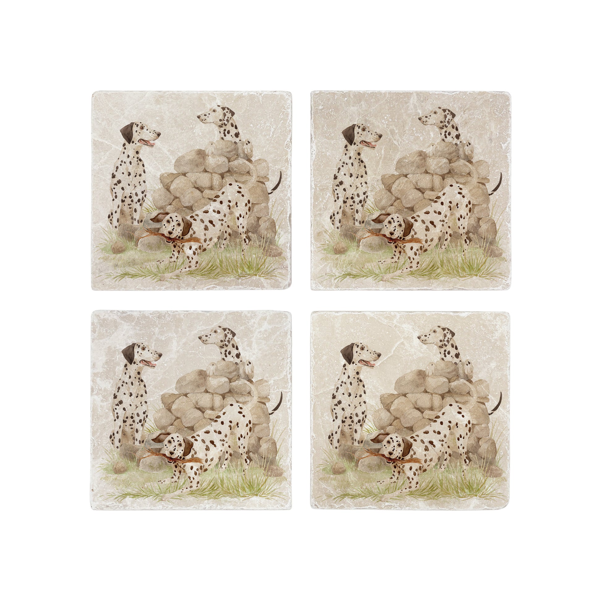 A set of 4 marble coasters with dalmatian dogs playing next to an old stone wall in the countryside.