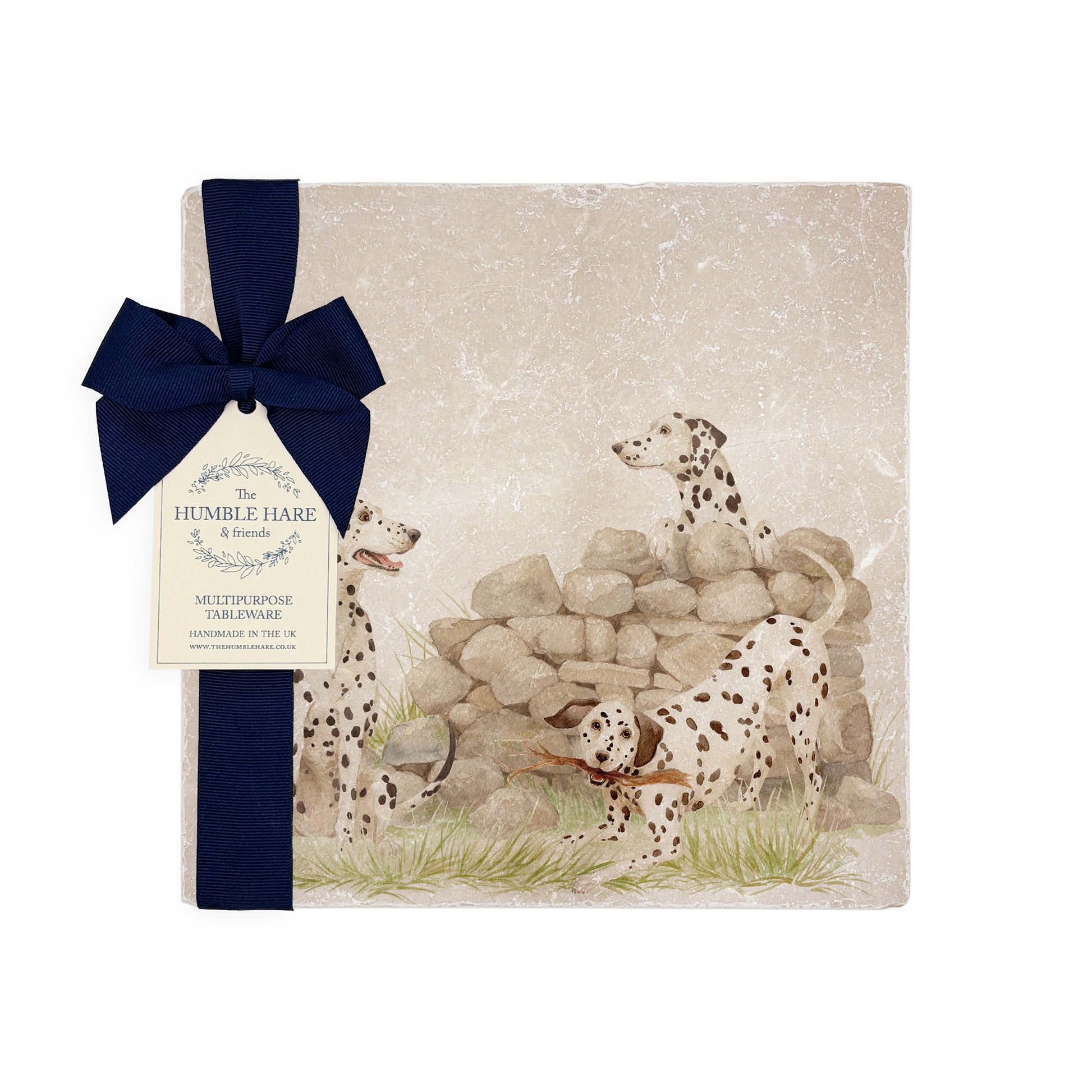 A square marble platter featuring a  watercolour design of 3 dalmatian dogs playing in the countryside. The platter is propped up against a kitchen counter. The platter is packaged with a luxurious blue gift bow.