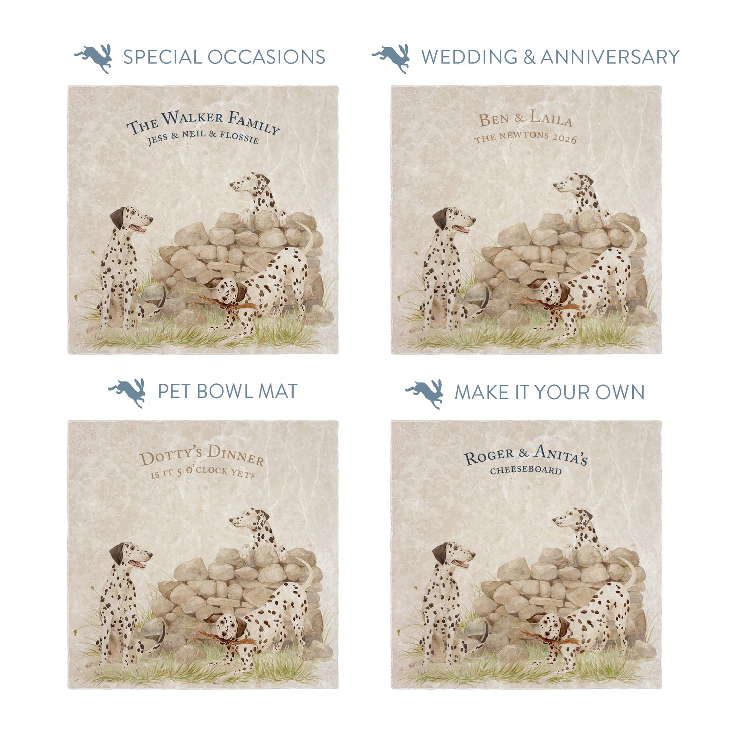Large square marble platters featuring a  watercolour design of 3 dalmatian dogs. The platters show personalised text options for special occasions.