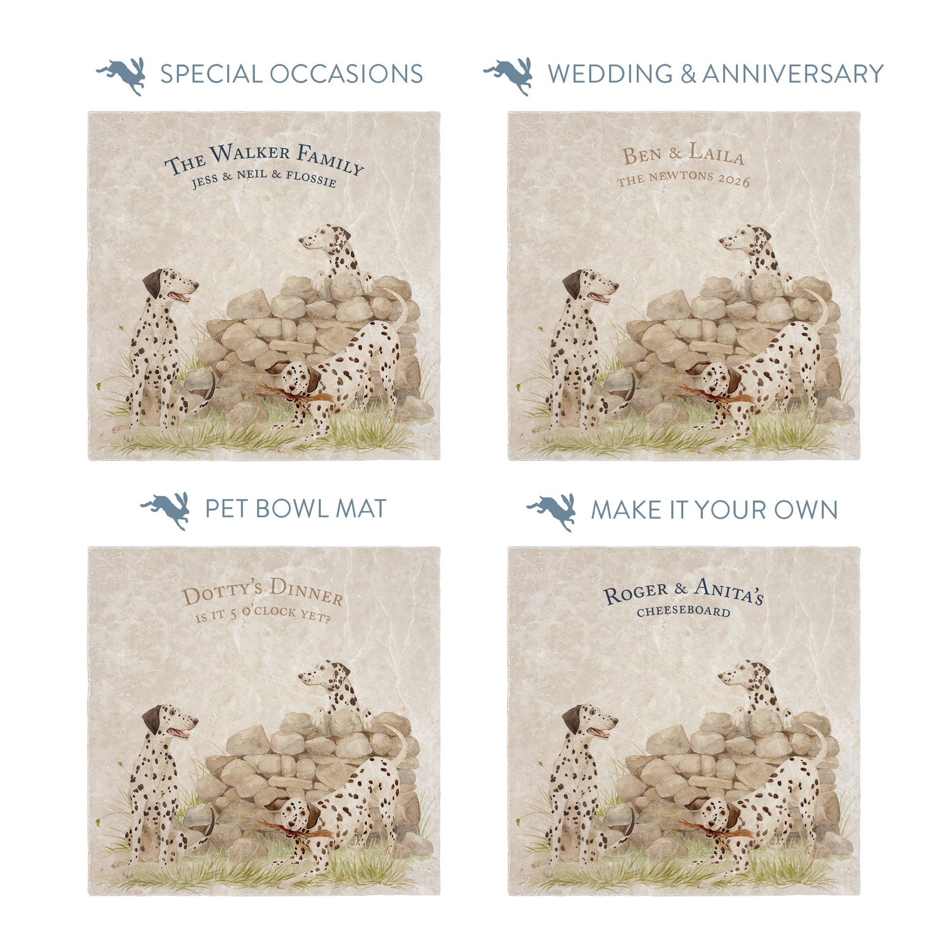 Large square marble platters featuring a  watercolour design of 3 dalmatian dogs. The platters show personalised text options for special occasions.