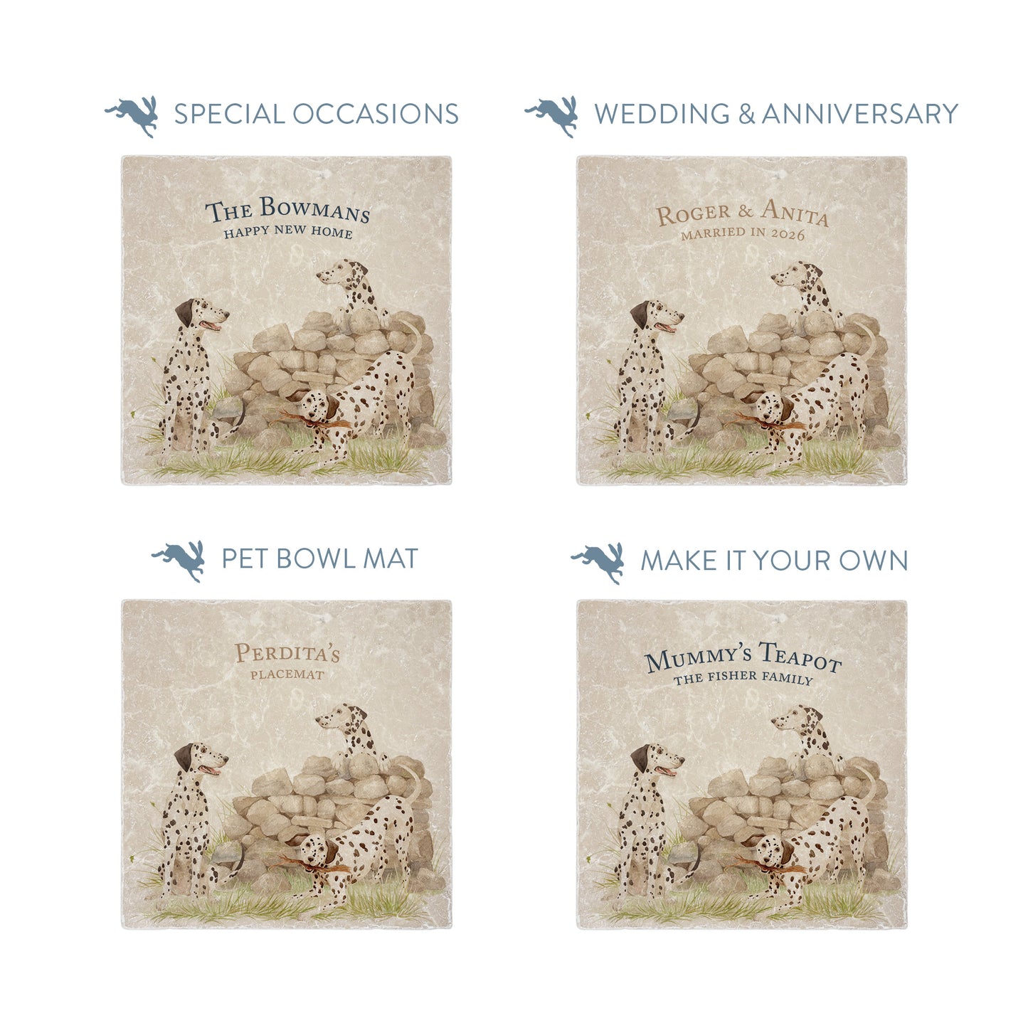 Square medium marble platters featuring a  watercolour design of 3 dalmatian dogs playing in the countryside. The platters show different personalised text options for special occasions.