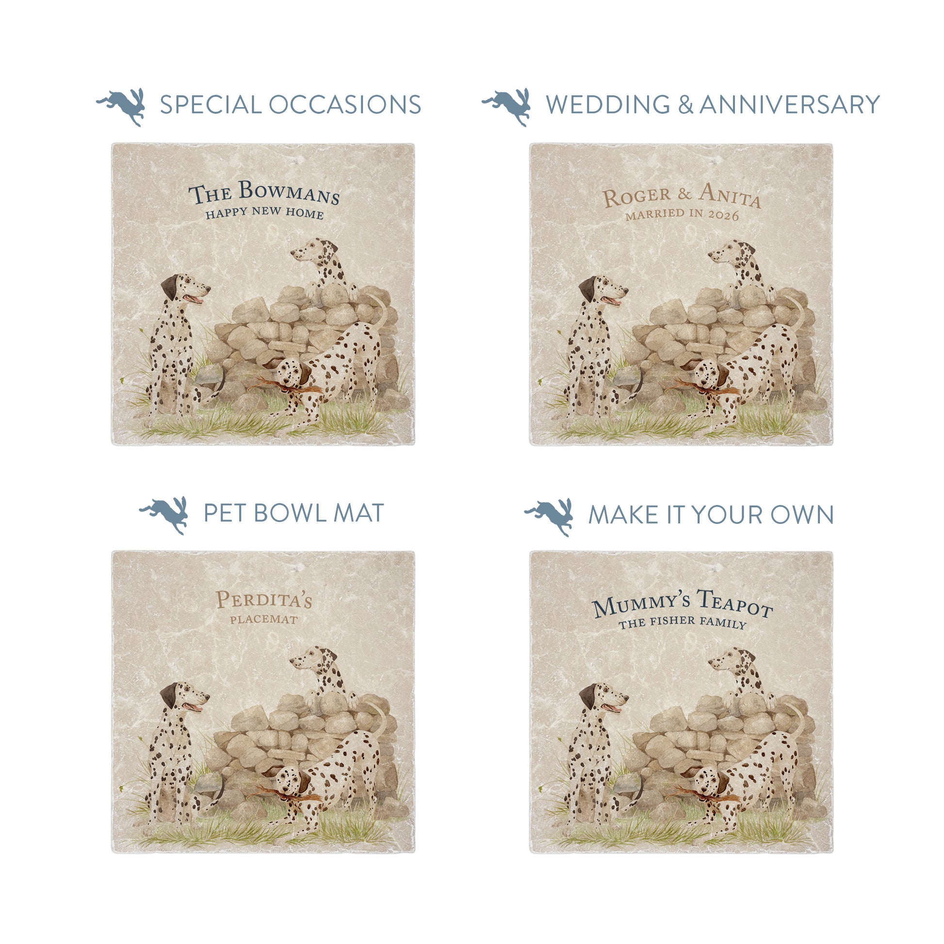 Square medium marble platters featuring a  watercolour design of 3 dalmatian dogs playing in the countryside. The platters show different personalised text options for special occasions.