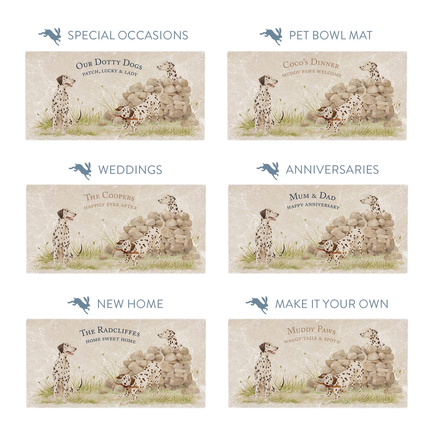 Rectangular marble sharing platters featuring a watercolour design of 3 dalmatian dogs and personalised with examples of custom text for special occasions.