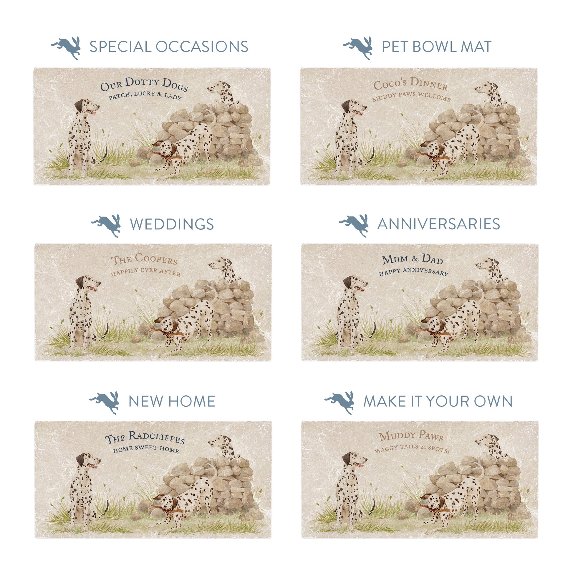 Rectangular marble sharing platters featuring a watercolour design of 3 dalmatian dogs and personalised with examples of custom text for special occasions.