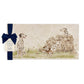 A rectangular marble sharing platter featuring a watercolour design of 3 dalmatian dogs playing fetch in the countryside. The platter is packaged with a luxurious blue gift bow.