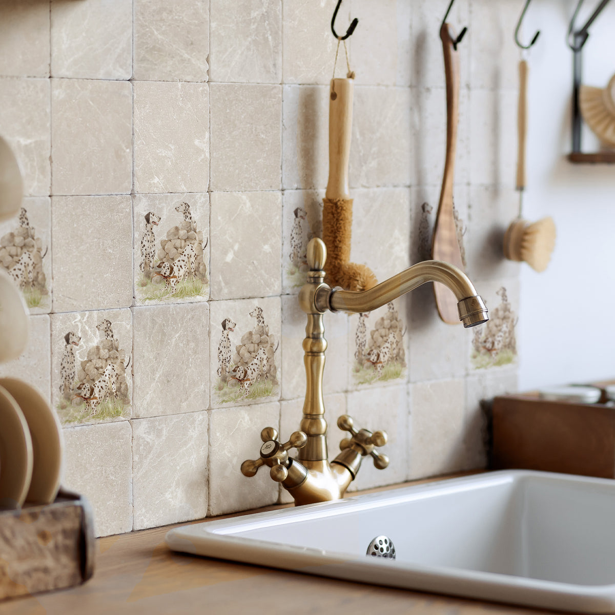 A rustic country kitchen with marble splashback tiles featuring a dalmatian dog design.