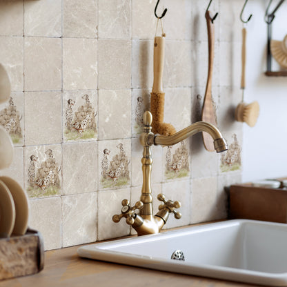 A rustic country kitchen with marble splashback tiles featuring a dalmatian dog design.