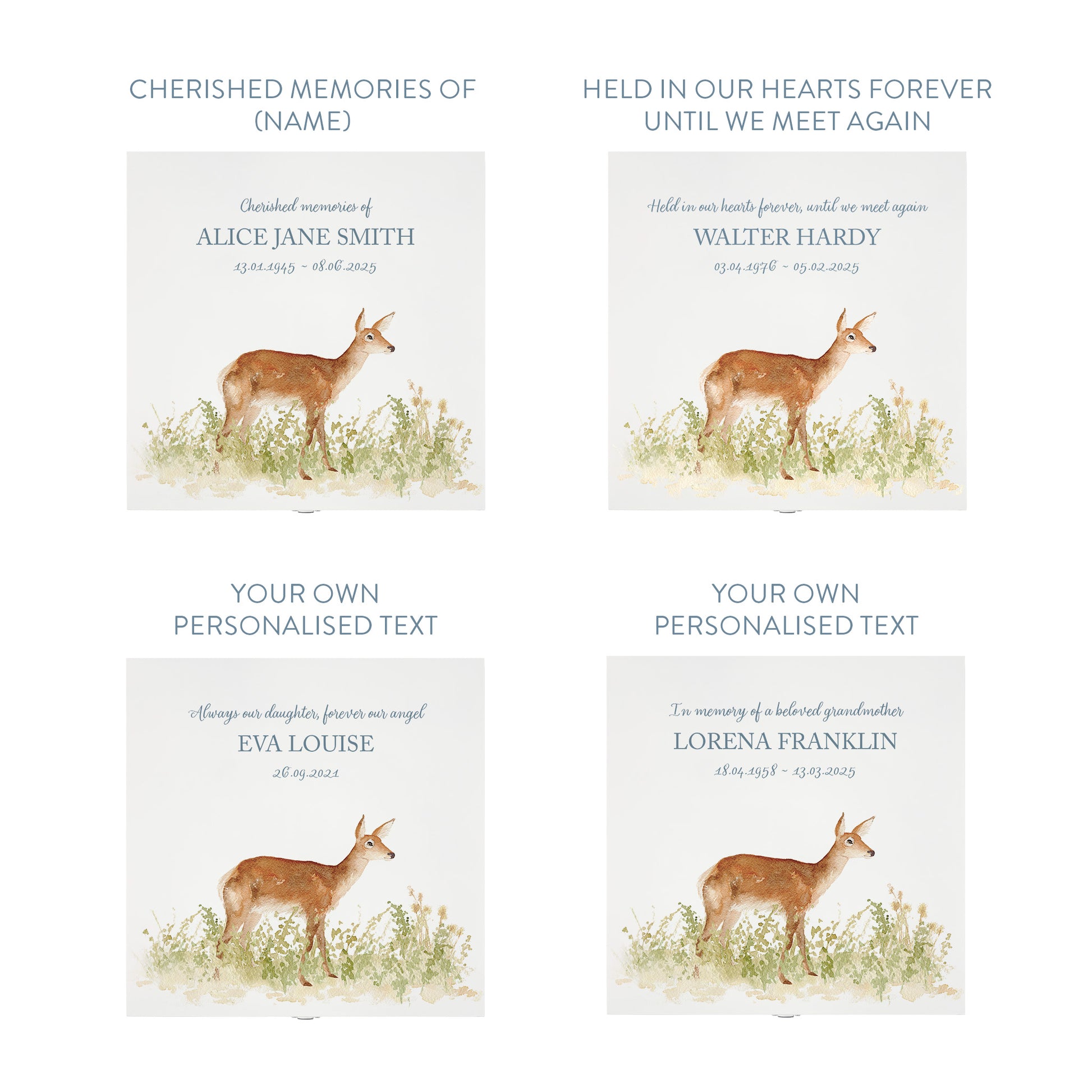 White Square personalised Wooden box with a decorative lid featuring illustrations of a Doe in Grass Perfect funeral memory keepsake box, for storing ashes, order of service, flowers and capturing your loved ones things in one place.