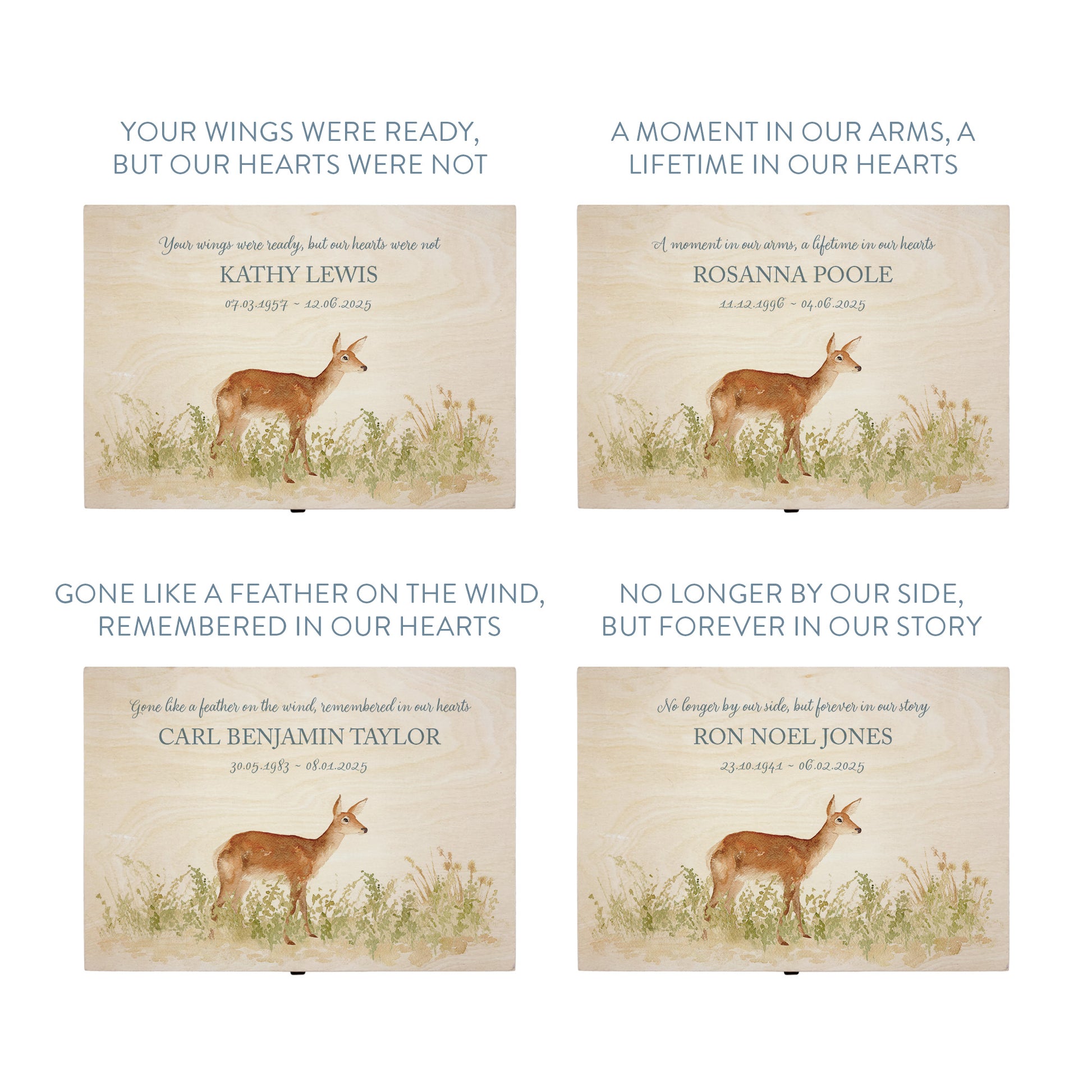 Wooden box with a lid featuring an illustration of a Doe on a wooden background Perfect funeral memory keepsake box, for storing ashes, order of service, flowers, pictures. 